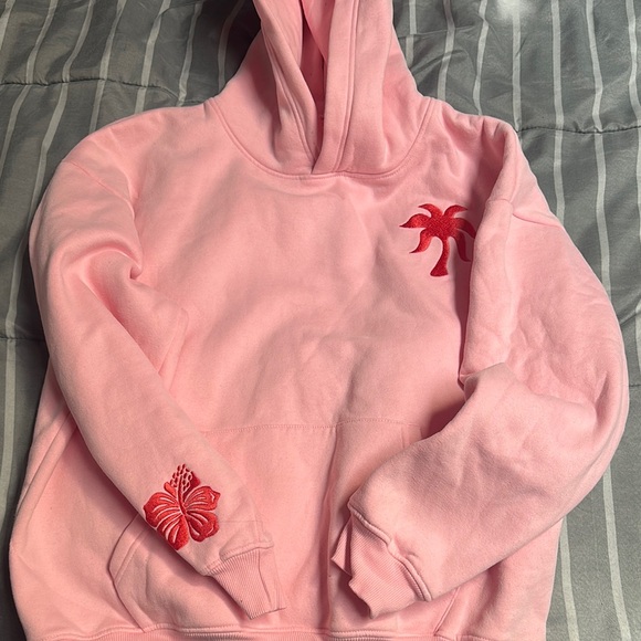 Pink Palm Puff Sweaters - Pink Hoodie with Red Tropical Embroidery